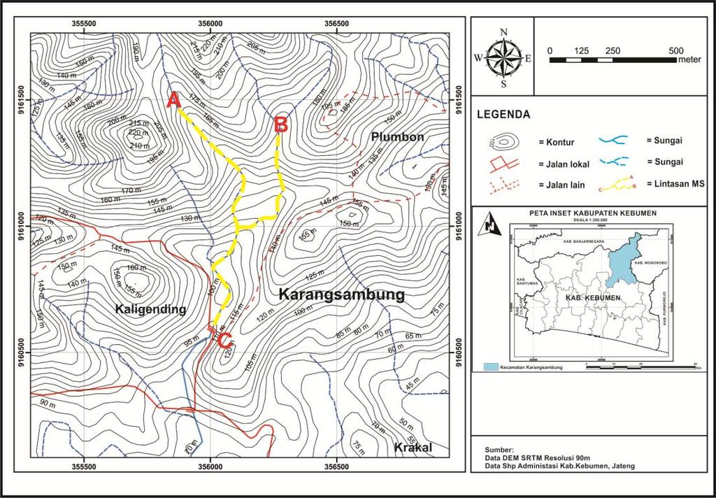 3 Gambar 1.1 Peta daerah penelitian, Desa Kaligending, Kecamatan Karangsambung, Kabupaten Kebumen, Jawa Tengah (Lintasan pengukuran ditunjukkan dengan garis berwarna kuning). I.4.