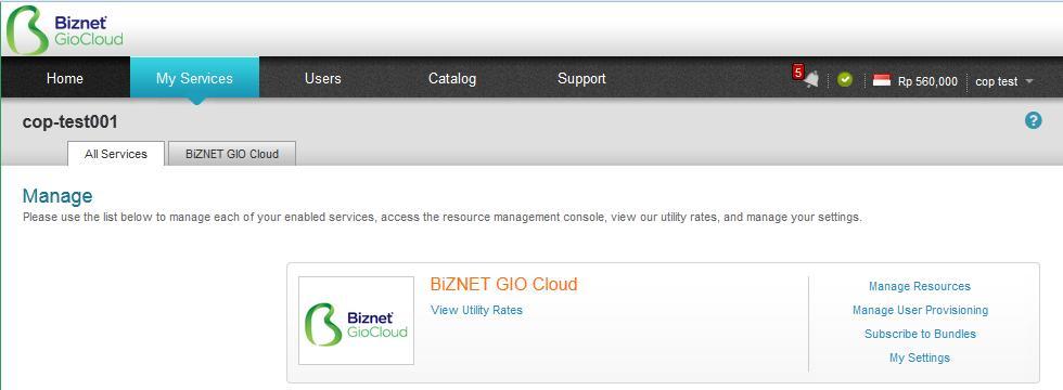 Enable VPN pada Biznet GIO Cloud Portal Log in ke dalam portal. Dari halaman utama, pilih [Manage Resources], kemudian [Cloud].