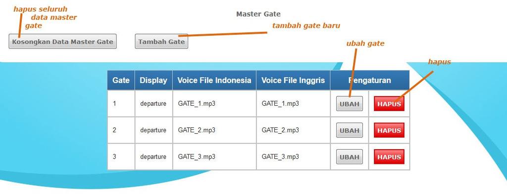 2.3. Master Gate Digunakan untuk mengatur data nomor boarding gate (nomor gerbang keberangkatan pesawat) yang ada di suatu bandara.