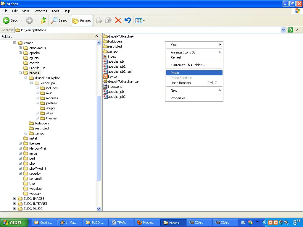 Klik Kanan pada Folder /htdocs Pilih Paste Pastikan folder /drupal 7.