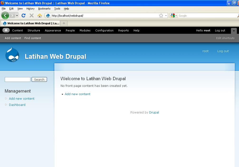Selamat.Instalasi Drupal Selesai J Anda bisa melihat tampilan Default Website dengan klik Visit Your New Site Inilah tampilan CMS Drupal versi 7.