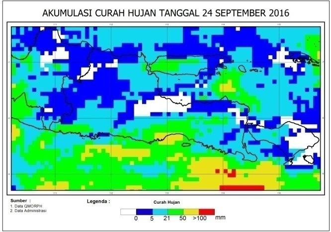 Data Curah Hujan harian Berdasarkan data akumulasi curah hujan harian dari QMorph dapat diketahui bahwa pada tanggal 24 September 2016 di Kabupaten Sampang terjadi curah hujan dengan intensitas