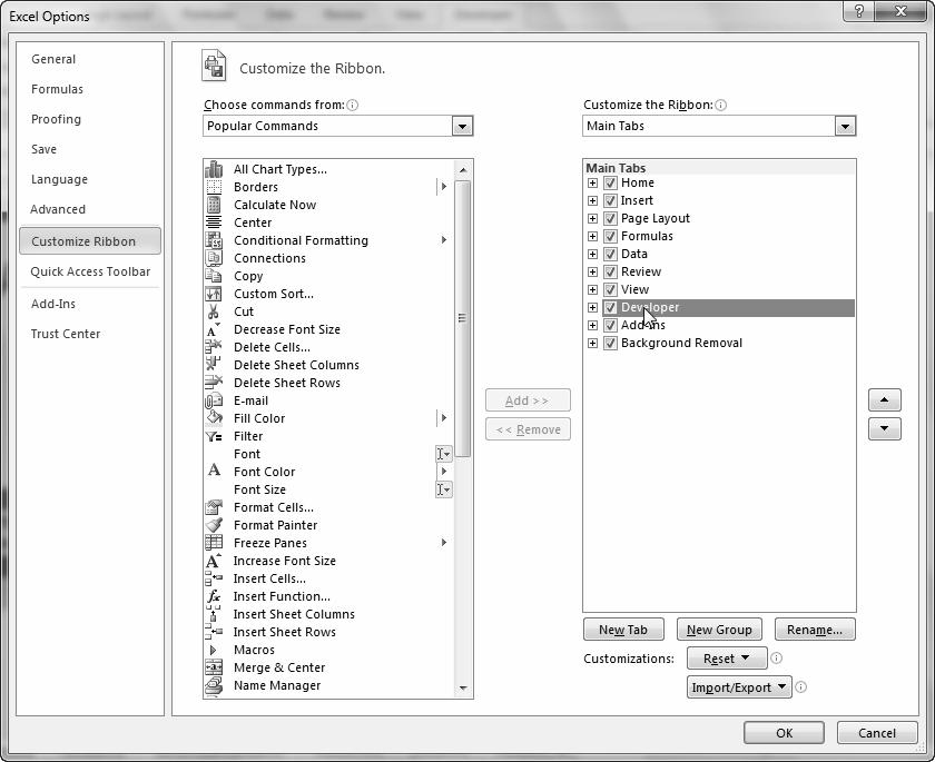 Pilih Main Tabs pada kotak pilihan Customize the Ribbon: Beri tanda contreng tab Developer dalam daftar di sebelah kanan. Klik tombol OK. 1.