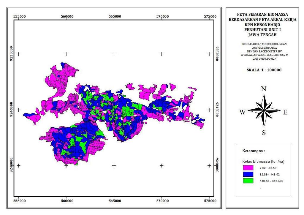 41 Gambar 7 Peta sebaran biomassa di KPH Kebonharjo resolusi 12,5 m berdasarkan anak petak.