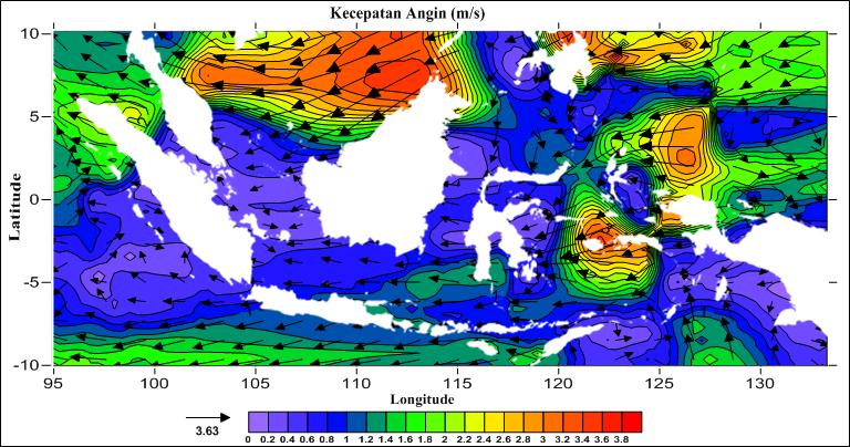 Gambar 6. Kecepatan Angin Musim Peralihan I Gambar 7. Kecepatan Arus Laut Permukaan Musim Peralihan I 3.