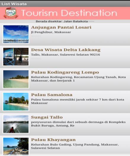 Tampilan Menu Kategori 4) Tampilan Daftar Wisata Tampilan Daftar Wisata bertujuan untuk menampilkan semua tempat wisata