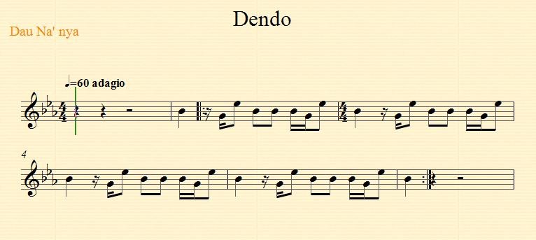 Gambar Partitur Melodi Instrumen Dau We nya pada bar keenam Melodi pada bar keenam adalah (E b ). Nada tersebut di solmisasikan menjadi (do).