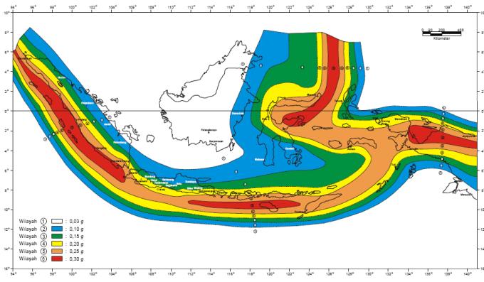 akibat pengaruh Gempa Rencana dengan perioda ulang 500 tahun, yang nilai rata-ratanya untuk setiap Wilayah Gempa (WG) seperti ditunjukkan pada Gambar 2.1.