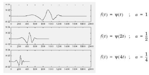 l Skala dalam tranformasi wavelet adalah melakukan perenggangan dan pemampatan pada sinyal. Efek dari skala tranformasi wavelet dapat dilihat pada Gambar 2.