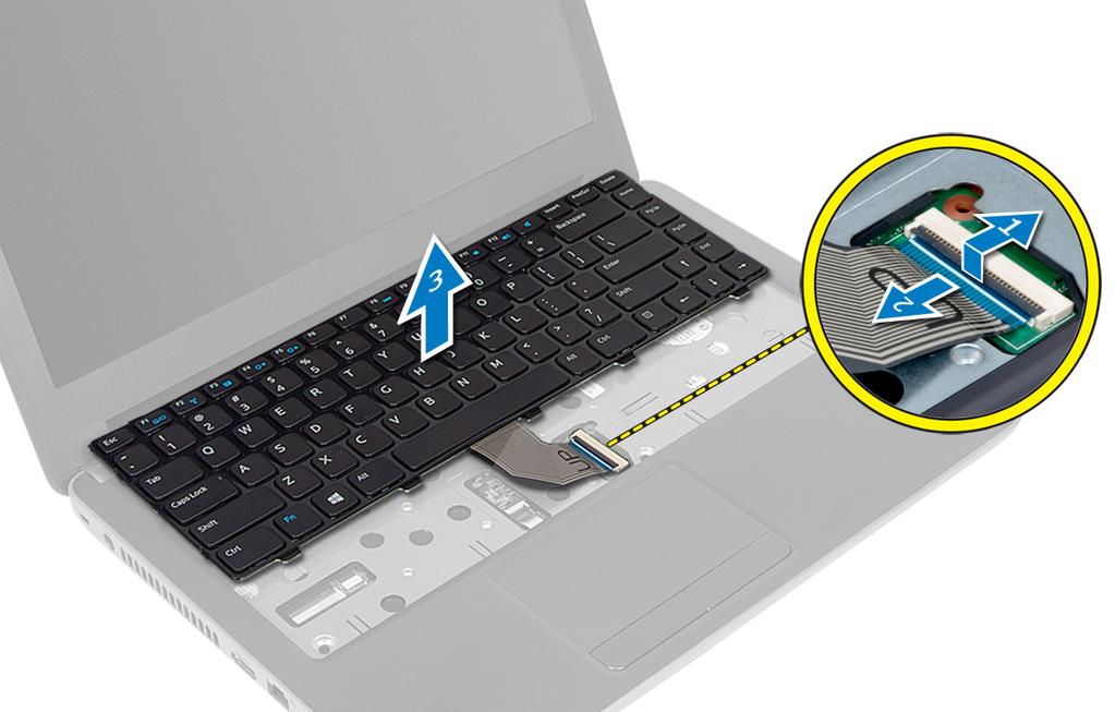 Memasang Keyboard 1. Sambungkan kabel keyboard ke konektornya pada board sistem. 2. Geser keyboard pada tempatnya di komputer dan tekan ke dalam tempatnya. 3.