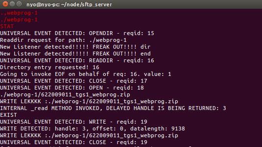 Berikut gambar saat user mengirimkan file ke server tampak dari sisi server dan server menerima kiriman file dari user :