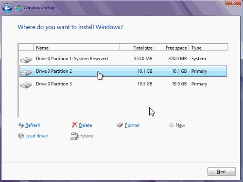 6. Misalkan anda ingin melakukan install ulang maupun upgrade/ downgrade dari sistem operasi windows lama anda ke windows 10, cukup delete Drive 0 Partition 2 (partisi C:) dan Drive 0 Partition 1 :