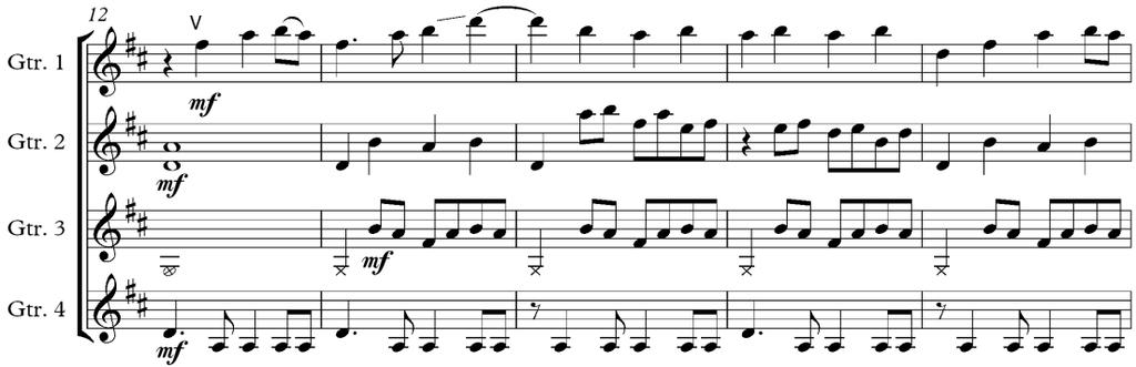 Birama 9/2 Gitar 4 memainkan motif utama lagu dengan teknik harmonik yang dilanjutkan Gitar 2 birama 10/2 dengan teknik glissando pada setiap nada.