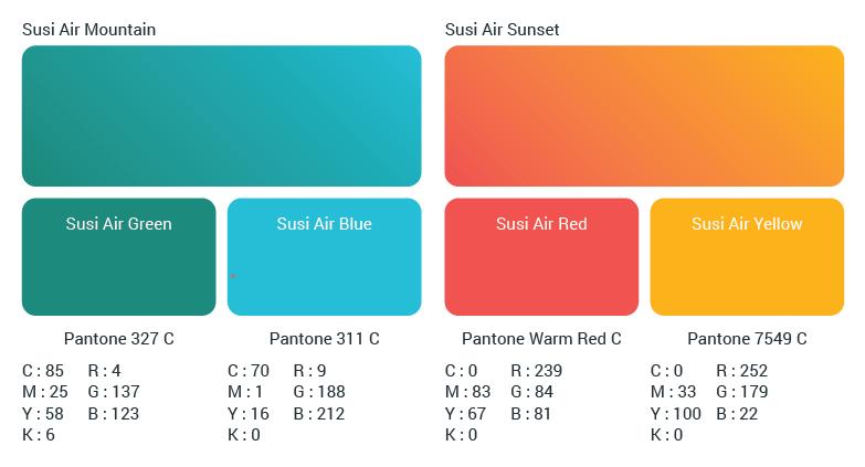 25 Gambar 5.4 Warna corporate Susi Air 5.2 Hasil Visual Hasil visual pada item-item yang dibuat untuk pembentukan identitas visual dan promosi Susi Air antara lain: 5.2.1 Logo Logo untuk Susi Air terdiri dari : 1.