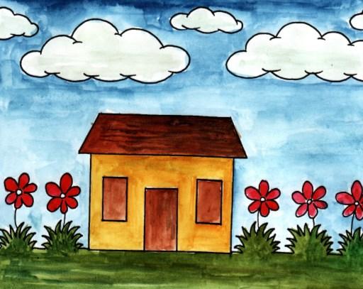 ILUSTRASI AKTIVITI Persepsi Estetik Guru meminta murid menyebut warna yang ada pada pokok, bunga, awan, dinding, dan atap rumah.