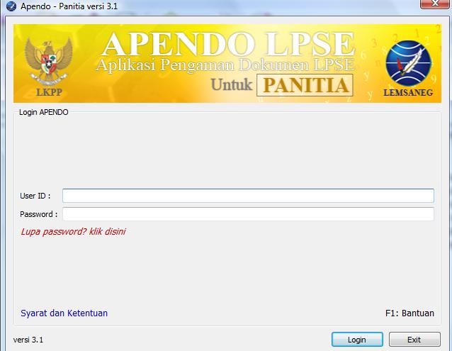 Akses ke Dalam Apendo Panitia Masukkan user id dan password pada form login.