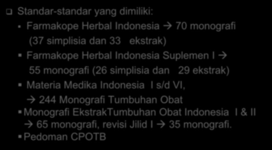 Potensi Pengembangan Obat Tradisional (2) Standar-standar yang dimiliki: Farmakope Herbal Indonesia 70 monografi (37 simplisia dan 33 ekstrak) Farmakope Herbal Indonesia Suplemen I 55 monografi