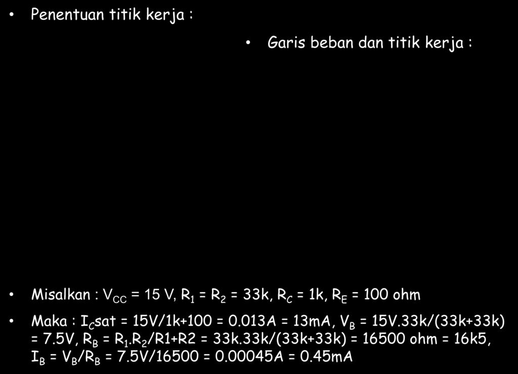 C = 1k, R E = 100 ohm Maka : I C sat = 15V/1k+100
