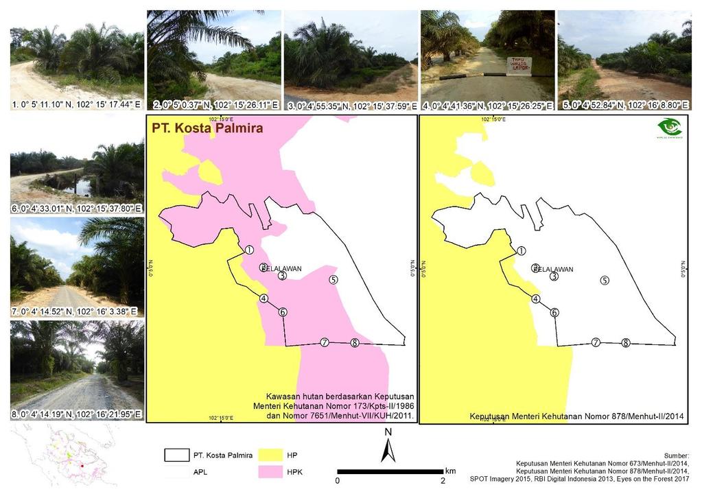 Analisa Citra SPOT 2015 dan pengamatan di lapangan oleh EoF pada Juli 2017, diperkirakan luas perkebunan PT Kosta Palmira mencapai 613 hektar dan ditemukan tanaman sawit yang telah berumur 7 tahun.