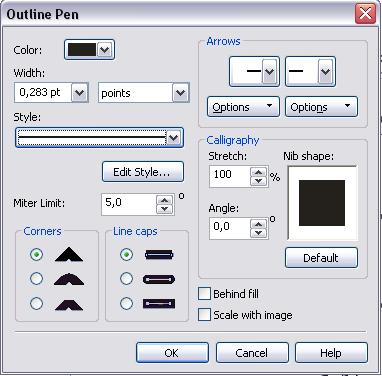 16 Segala atribut yang berkaitan dengan outline suatu kurva atau shape diatur lewat menu ini. Outline Pen akan menampilkan kotak dialog Outline Pen seperti gambar di samping bawah.
