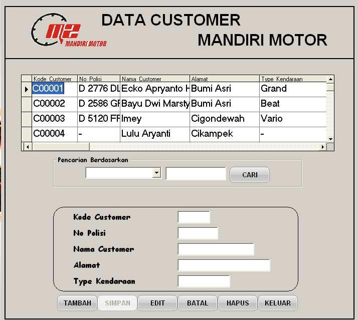 118 4. Tampilan Form Data Customer Digunakan untuk mengisi semua data customer yang datang ke bengkel. a) Bag. Administrasi menginputkan data customer yang datang ke bengkel.