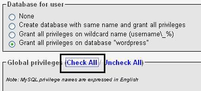 10. Lalu scroll sedikit kebawah dan klik tulisan Check All agar si user mendapatkan hak akses sepenuhnya. Gambar 17. Pengaturan hak akses user database 11.