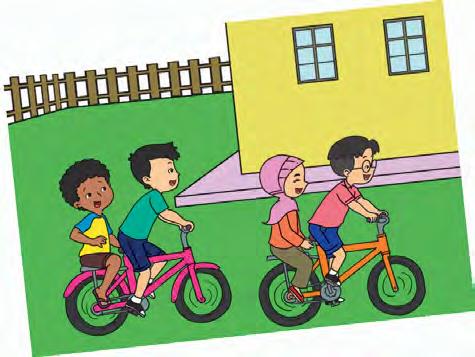 Udin dan temanteman bermain sepeda. Udin dan teman-teman berbeda agama. Mereka juga berbeda daerah asal. Walaupun berbeda, mereka bermain sepeda dengan rukun.