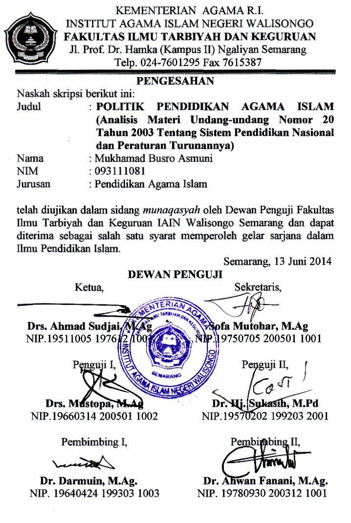 KEMENTERIAN AGAMA R.I. INSTITUT AGAMA ISLAM NEGERI WALISONGO FAKULTAS ILMU TARBIYAH DAN KEGURUAN Jl. Prof. Dr. Hamka (Kampus II) Ngaliyan Semarang Telp.