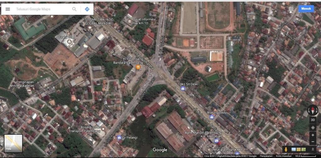 3 Gambar 1.1 Simpang Bandara Palembang Tampak Atas, Satelite View Sumber : Google Earth, 2017 Gambar 1.2 Gambar Existing Simpang Bandara Tanjung Api-Api dan Rencana Letak Fly Over 1.