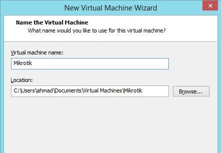 Akan muncul jendela Name the Virtual Machine, disini diharuskan untuk mengisi nama dari Virtual yang anda buat dan menentukan dimana tempat Virtualisasi