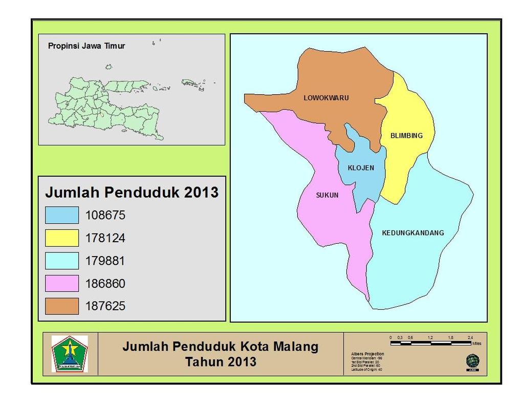 Gambar 1. Penduduk Berdasarkan Kecamatan Kota Malang Tahun 2013 Rata-rata jiwa yang berada dalam satu rumah tangga adalah 3,79. Artinya dalam satu keluarga terdiri dari 3 4 jiwa.