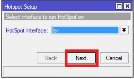 Hotspot Interface pilih lan, kemudian Next Hotspot address Interface sesuaikan dengan IP
