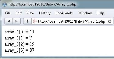 Keterangan : Data ke 1 dapat diakses menggunakan indeks 0 dan seterusnya. Perintah untuk menggunakan indeks : NamaArray [Indeks]; Contoh : $Array_1[0]; Contoh program 1 : * Array_1.