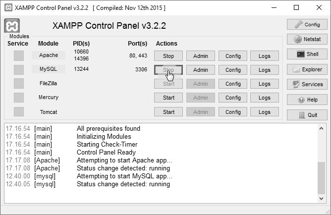 1. Luncurkan XAMPP Control Panel. 2. Lantas, tekan tombol Start pada Apache dan MySQL. Gambar 1.4 Menjalankan Apache dan MySQL 3. Lalu, minimize jendela XAMPP Control Panel itu.