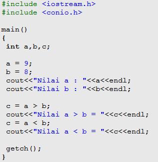 1. Kode program Praktik kondisi Jalankan program diatas, maka menghasilkan: Analisa lah program diatas, mengapa hasil a > b = 1, dan a < b = 0. 3.2.