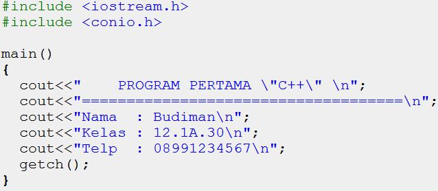 Contoh: puts( Kuliah? BSI Aja!!! ); 3. putchar Perintah keluaran untuk sebuah nilai karakter saja. Membutuhkan preprocessor stdio.h Contoh: putchar( B ); putchar( S ); putchar( I ); 4.