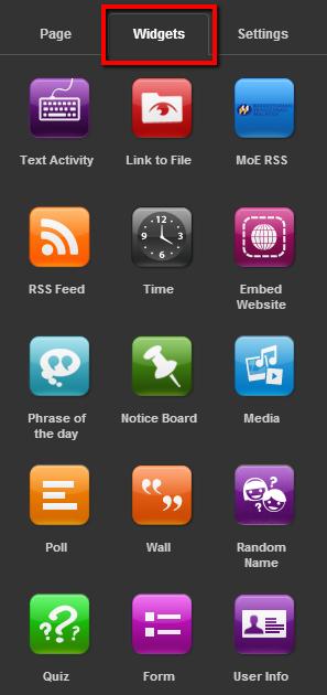 4. Widget Dashboard Sekolah (School Dashboard Widgets) Dalam Content Panel klik tab Widgets. Anda boleh melihat semua Widgets yang disediakan untuk anda sebagai pengguna Frog Admin/ Pentadbir Frog.