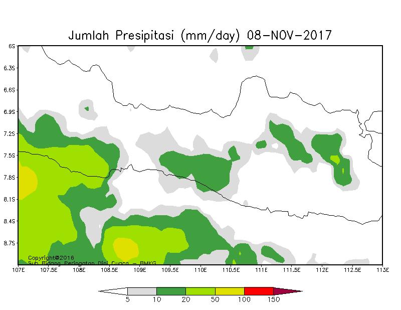 3.3 Data Presipitasi GSMap Dari data GSMap terlihat wilayah Kota Banjarnegara sebagian besar memiliki intensitas curah hujan ringan hingga sedang dan tidak terdapat frekuensi hujan lebat >9 mm/jam,