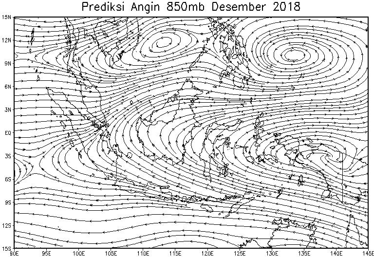 Diatas Sumatera, Kalimantan, Sulawesi, Maluku, dan Papua mulai kuat angin baratan, pertemuan angin